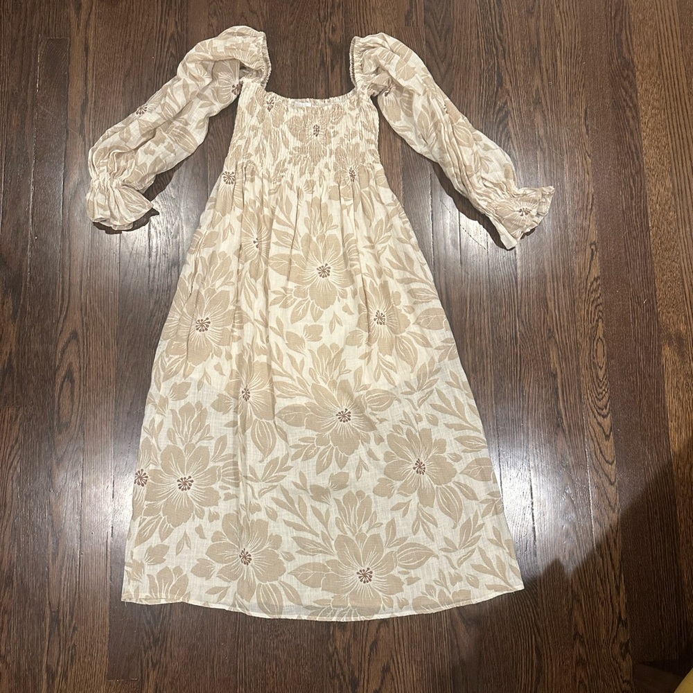 Olivaceous Tan and Cream Long Sleeve Maxi Floral Dress